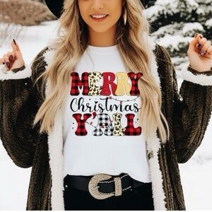 Merry Christmas Y'all Leopard Print Graphic White Oversized Cotton T Shirt Sz M